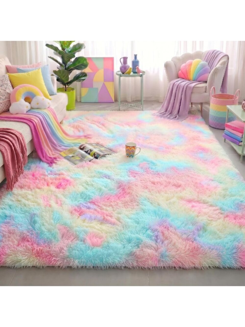 Cute Rainbow Unicorn Pastel Area Rug 4x6 for Kids' Bedroom Decor, Playroom